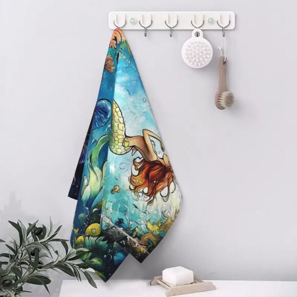 SET of 2 - Super Soft Kitchen Towels - Deep Sea Mermaid Pattern - Beach Decor - Picture 6 of 6